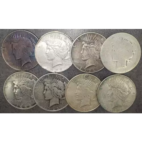 U.S. CIRCULATED PEACE DOLLARS 1922 & 1923 90% SILVER IN WORN CONDITION
